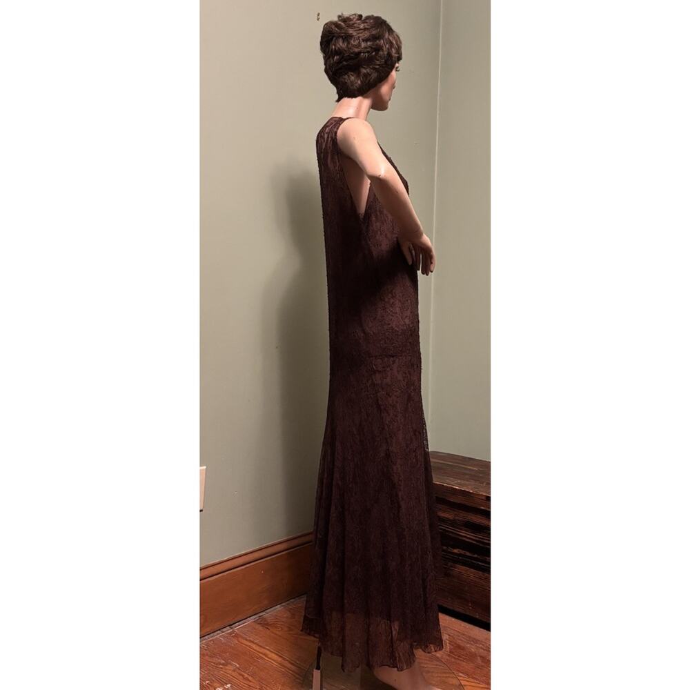 Vintage 1930s Brown Floral Lace Sleeveless Maxi GOWN w/Shawl and Full Silk Slip - Picture 6 of 8